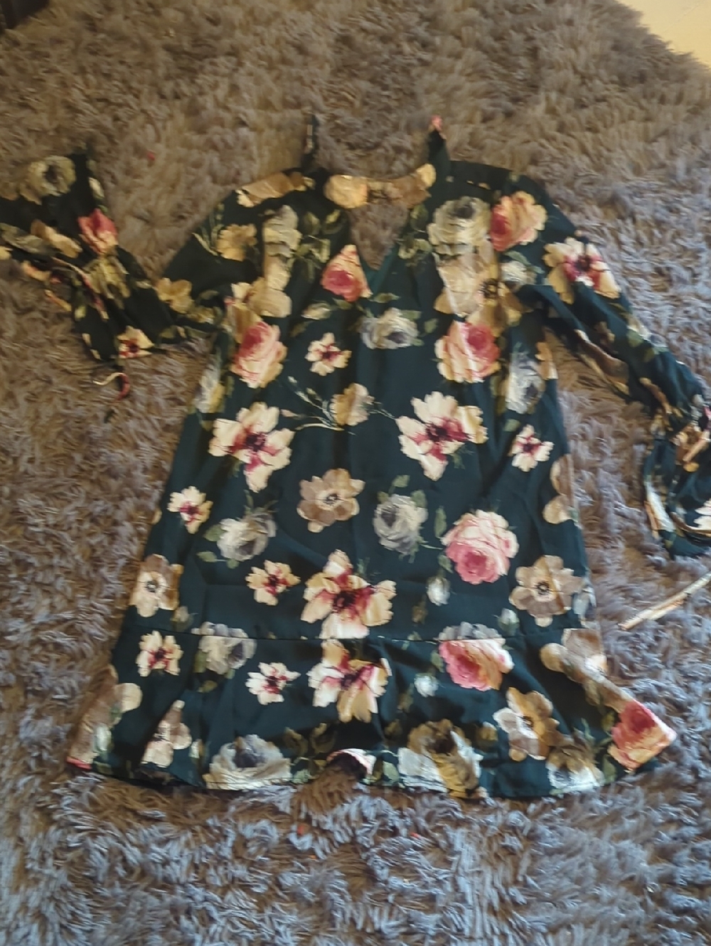 Peach Love California Dark Green Floral Shift Dress with Pink & Cream Blooms